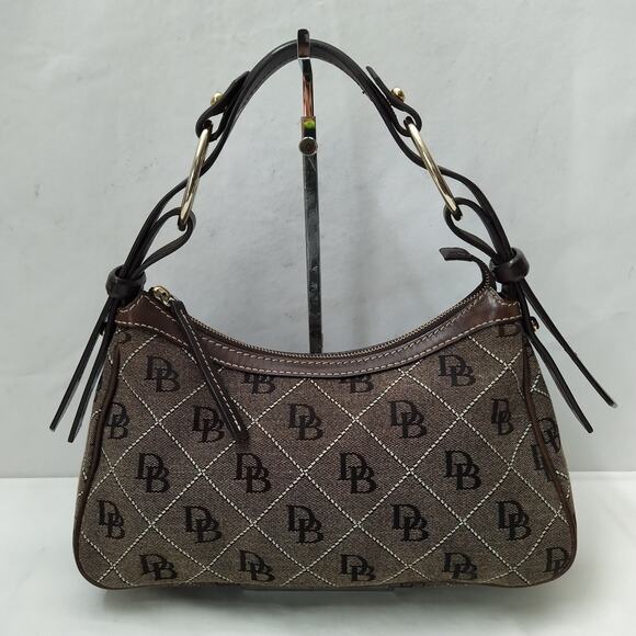 Dooney & Bourke Brown Canvas Leather Trim DB Printed Zipper Hobo Shoulder Bag - Picture 2 of 16